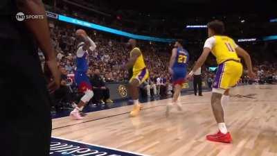 [Highlight] Another angle with replay: Reggie Jackson steps on Lebron’s foot causing him to fall over and Reggie Jackson drains the three.