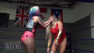 Pathetic jobber Barbi Hayden groggily brought up to her feet, only to have her face squeezed and get completely KO'd