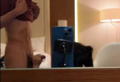 I like how she takes out my big cock to jerk it off