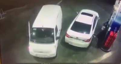 Guys try to jump an old man at a gas station. Get soaked in gasoline