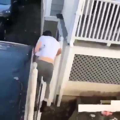 What hurts more if the eggs, the ribs, the arm... So many guys lose their lives on the balconies when drunk like this. this one wasn't that high but still could of been real nasty.