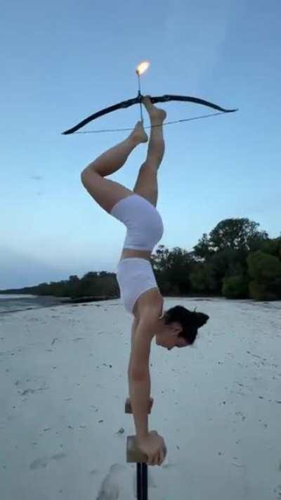 The arrow hit exactly the intended mark, that too using feet.