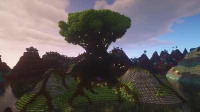 a timelapse of a giant tree with a nether portal hidden in the roots