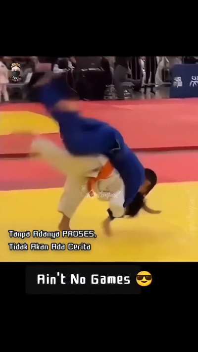child dominates with ippon, opponent visibly intimidated.