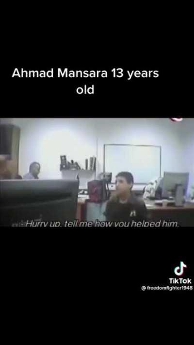 13 year old Ahmed Mansara being interrogated by Israeli officers. Israeli court has refused to release him for the past 8 years. Ahmed Mansara is now 21 and suffers from a serious deterioration in his mental health.