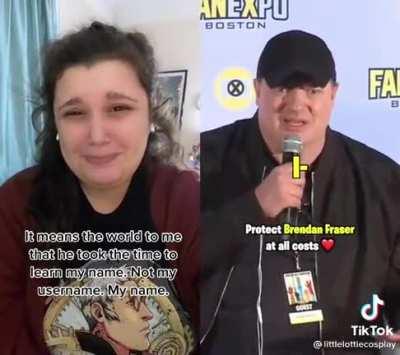 Fan reacting to Brendan Fraser reaction to her video.