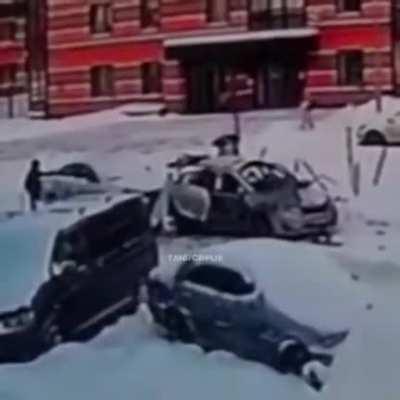 Car explodes and the driver climbs out through the missing windshield with minor injuries