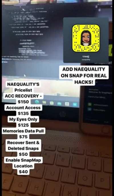 Hit Up @naequality on snapchat for all your social media hacking needs, order hacks from options such as account access, account recovery, my eyes only pulls & more! Group Link in Comments!