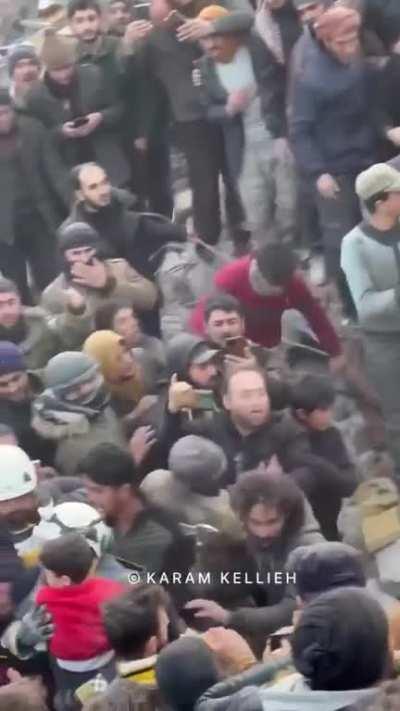 People reaction after the heroic work of SyriaCivilDef that saved a family of 6 after 40 hours under the rubble in northern western syria