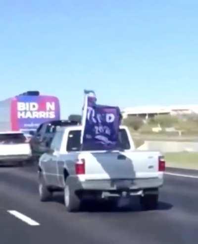 Armed Trump cultists ambush Biden's campaign on a Texas highway, attempting to run them off the road & detain them.