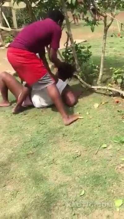 Woman gets slapped around after molesting a man in public.