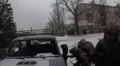Georgian Legion fighters operating in the central region of Bakhmut. Heavy shelling is heard in the background. Vehicle looks like Polish AMZ Dzik 2.