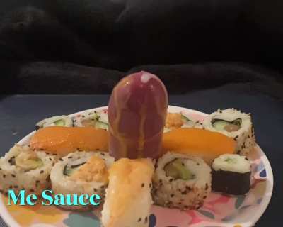 A better quality longer version of my sushi cock and three sauce gif