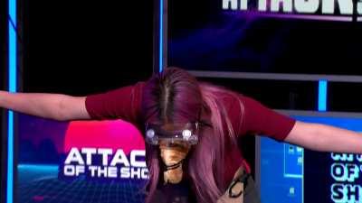 Gina trying to catch a hoagie sandwhich with her mouth on Attack of the Show