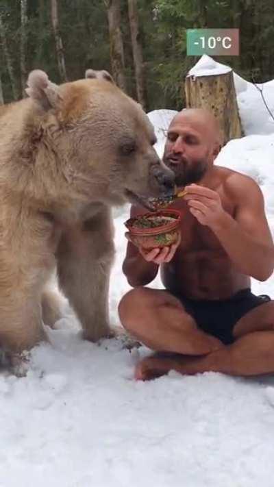 Bears and Grechka (Russian buckwheat) breakfast in open cold with shorts on