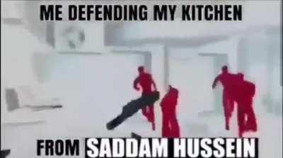 I'm defending my kitchen from saddam Hussein fuck you