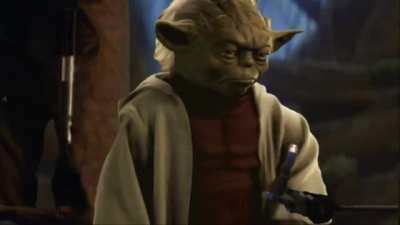 Yoda cuts R2D2 to pieces