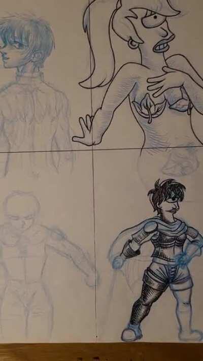 All final designs and practice sketches for the Band of the Hypnotoad characters! Now to lay them out and start the colored version of Berserkarama Vol 2! (Berserk X Futurama) [OC]