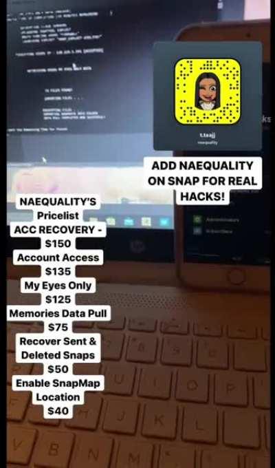 Contact @naequality on snap to order account hacks like account access, account recovery, my eyes only & more! All available For socials like iG, Snap, FB , Twitter , & TikTok. Telegram Group Link In Comments Below 👇