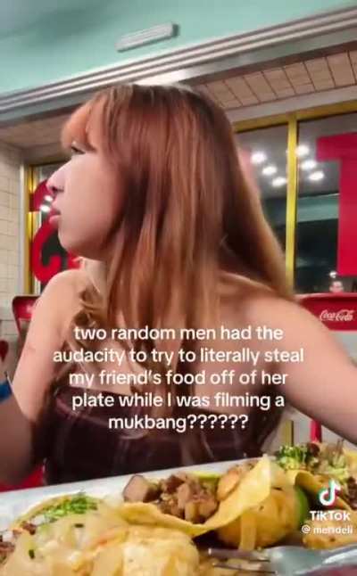 2 Men steal food from a Woman's Plate while she is recording a Mukbang