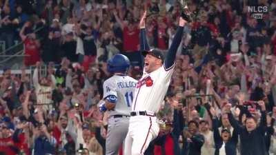 Freddie Freeman celebrating the final out of the NLCS.
