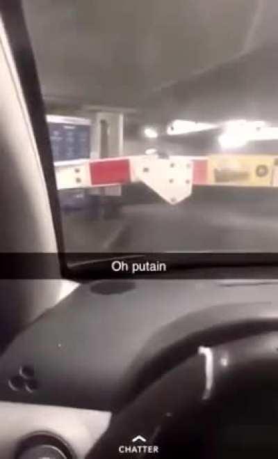 Purposely driving into a closed entryway.