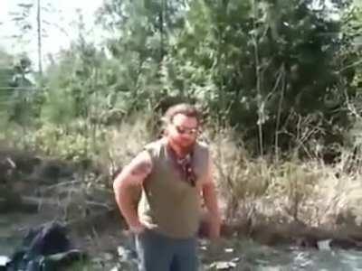 Man is unaware the 5 gallons of gasoline he poured has created an explosive bomb