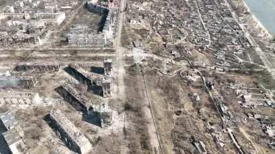 drone footage of war torn Mariopal.