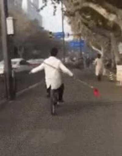 Riding with a spear down the wrong street.