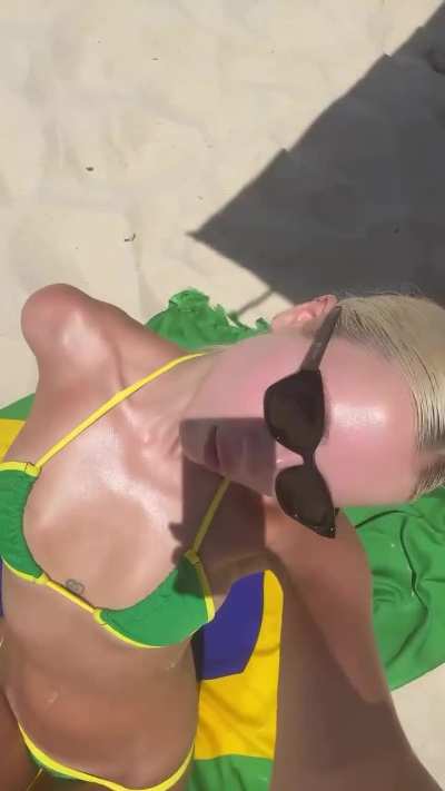 Polina Malinovskaya - Selfie Reel at the Beach in a Green and Yellow Bikini (IG Story Clip)