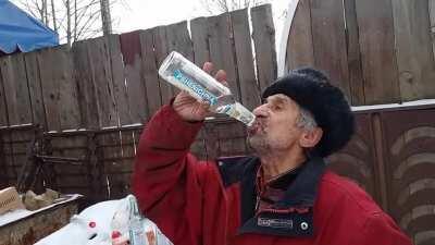 Russian Chugs 3 Bottles of Vodka, three fuckin bottles