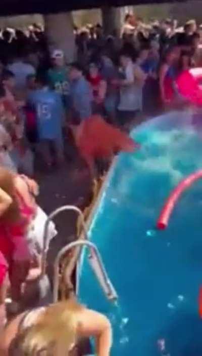 To drop from a window into a pool