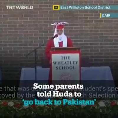 A Muslim high school valedictorian gave a graduation speech which included references to the ethnic cleansing of Palestinians & persecution of Ugyer Muslims. Parents & students in the audience harassed her afterwards and the school administrators 