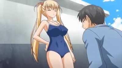 She strips out of her school clothes and into her one-piece (Oni Chichi- Rebuild – Episode 1)