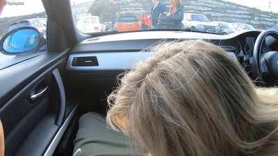 He had to hold back the moans as I sucked his cock in a car park with people walking right by us [GIF]