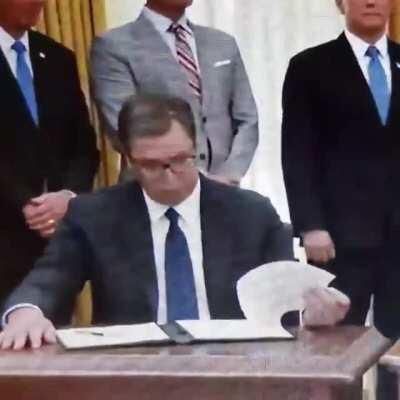 The moment Serbian President Vucic realizes that the statement he just signed (apparently without reading) commits his country to moving its embassy in Israel to Jerusalem...