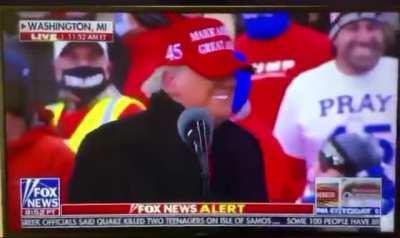 Trump watching the Joe Biden/Jim Carrey bit at a rally today!!!
