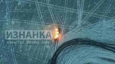 RU pov: Lancet drone hits AHS Krab, it drives off but then gets hit again by a second Lancet drone, resulting in the complete destruction of the Krab. Bakhmut region.