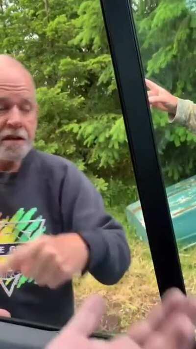 An old man threatening a delivery man for trespassing his property gets called out for trespassing someone else's property