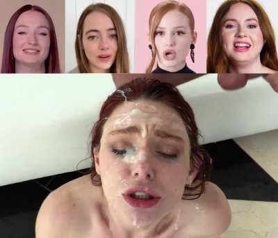 Which celeb's slutty face wyr see completely covered in a massive bukkake session? (Sophie Turner, Emma Stone, Madelaine Petsch, Karen Gillan)