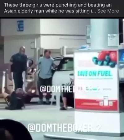 Three girls beating on old Asian man get taught a lesson