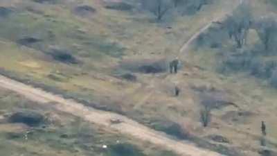 Russian forces being consequtively hit with what looks like an ATGM, Eastern Ukraine, music from the source [NSFW]