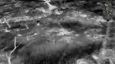 Reconnaissance drone of the Ukrainian 59th Mechanized Brigade drops grenade in Russian trench where a Russian soldier takes cover in the wrong direction, on top of the grenade.