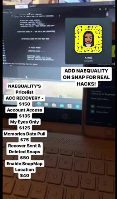 Hit @naequality on Snapchat to order account access , account recovery, my eyes only , memories data pull, recover sent & deleted snaps & more! Telegram Group link in comments below 👇