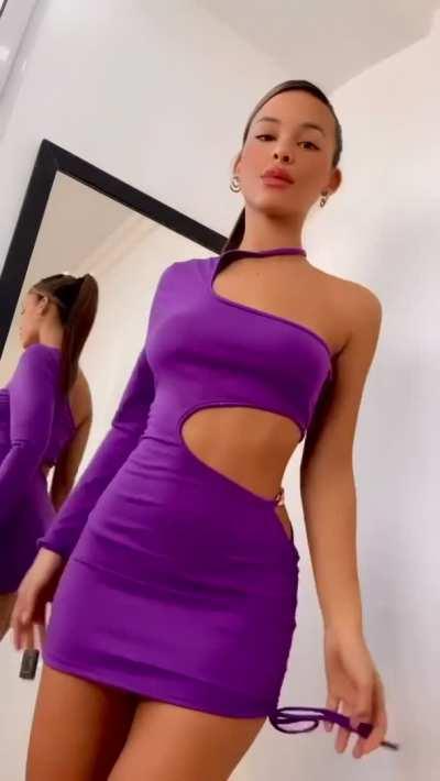 Brunette trying purple tight dress