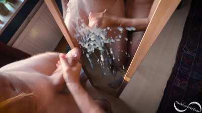 Girlfriend gave me a quick handjob in front of the mirror