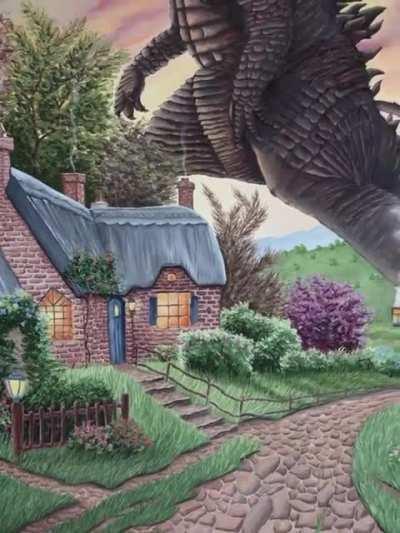 Adding the finishing touches to my Godzilla oil painting