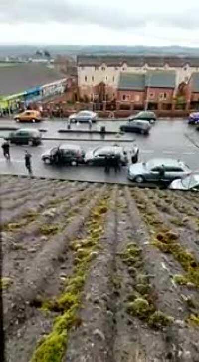 Pregnant woman in car stolen by her partner is upset when they get arrested for stealing a car and reversing into a police car.