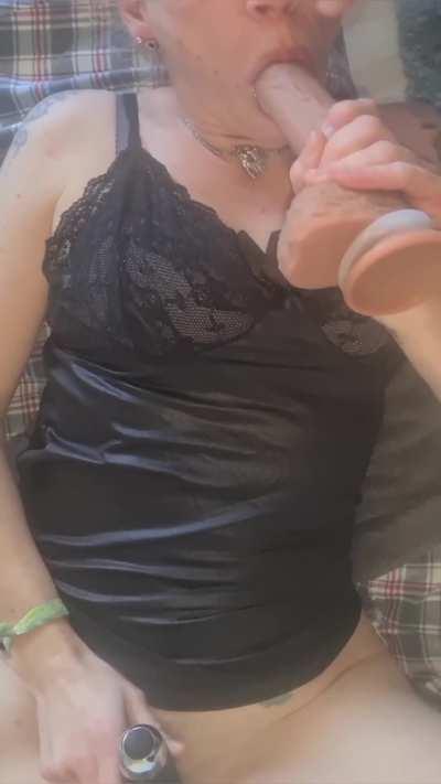 Cum on my Face while sucking a Huge Dildo 