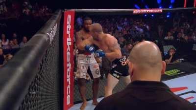 Nate Marquardt landing a brutal clinch combo to put Tyron Woodley away.